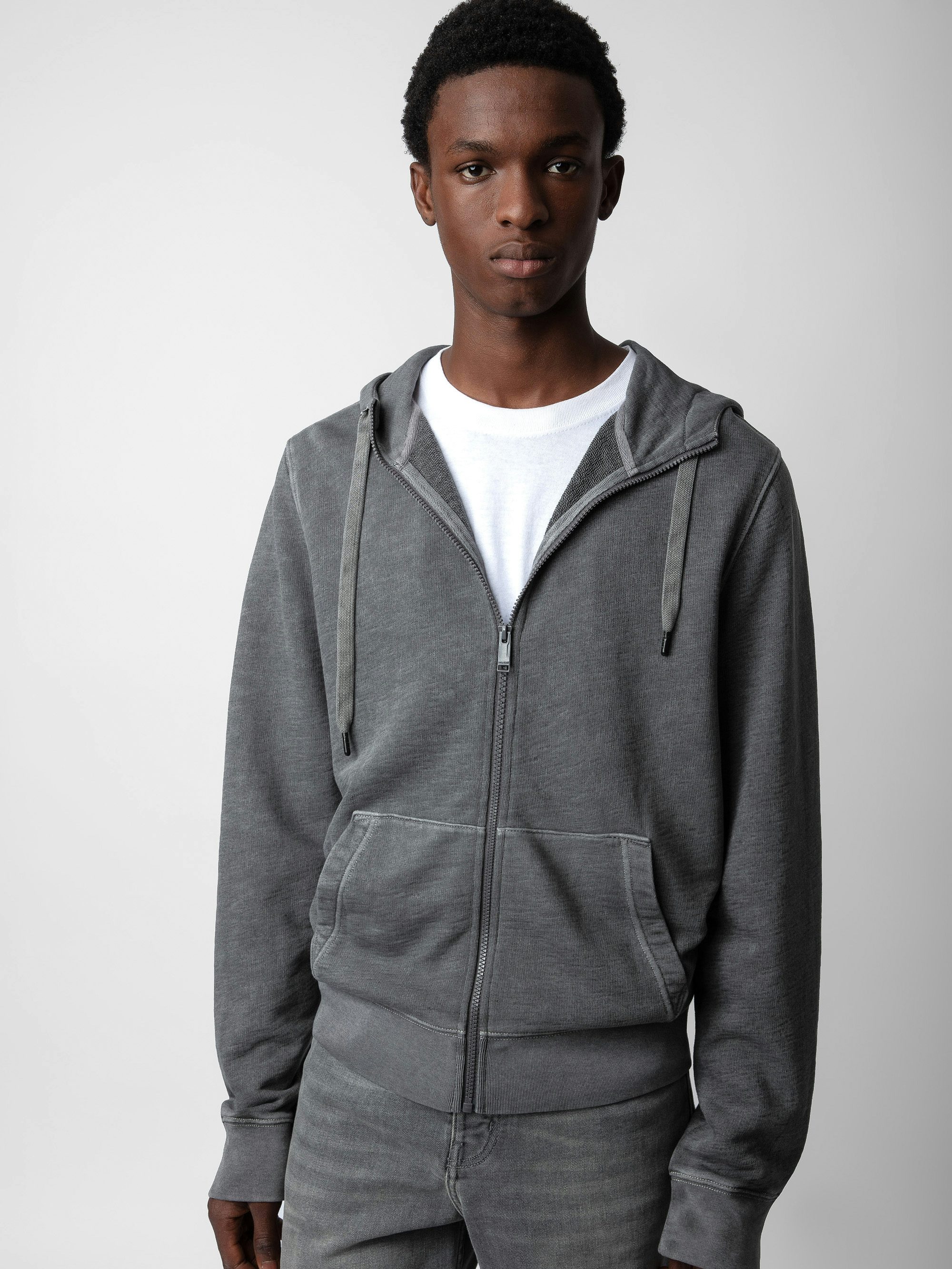 Alex Skull Sweatshirt - Grey cotton fleece hooded zip-up sweatshirt with pocket and Skull XO patch.